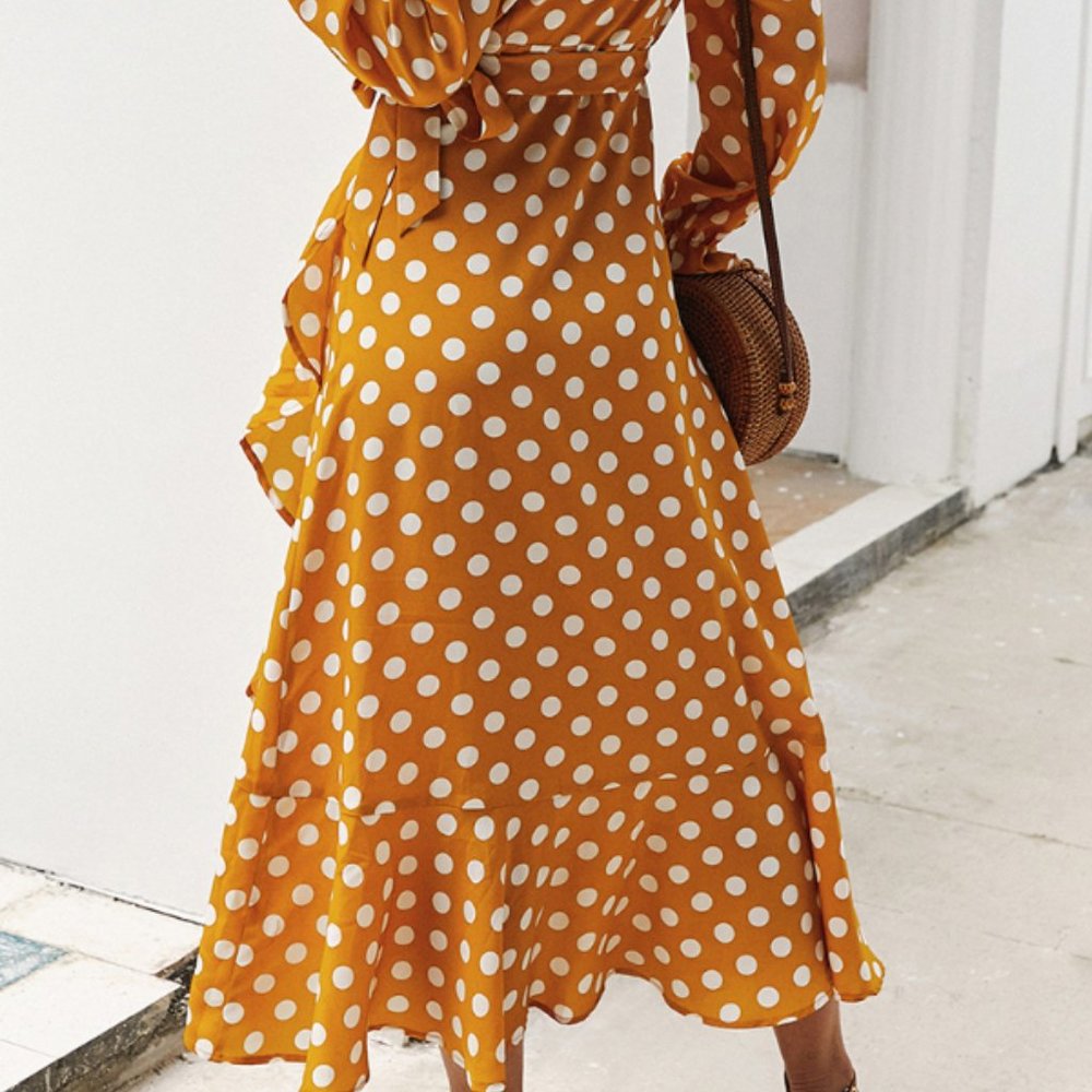 LAST ONE Yellow Polka Dot Wrap Dress - Picture 4 of 5